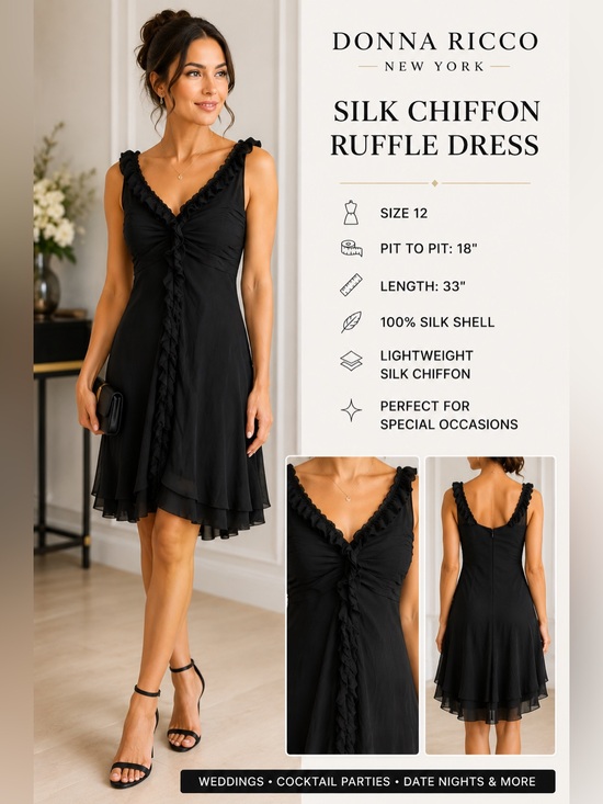 Donna Ricco Dresses & Skirts - Donna Ricco Black Silk Chiffon Ruffle Cocktail Dress Size 12 Date Night LBD